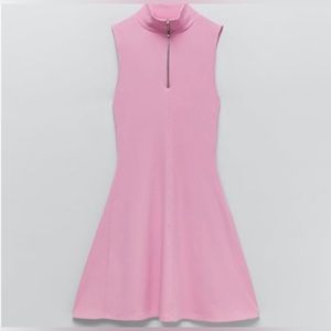 Zara Womens A Line Dress Pink Stretch Mock Neck Sleeveless 1/4 Zip Ribbed S